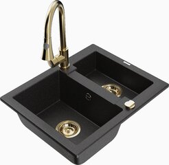 Granitinė virtuvinė plautuvė Mexen Carlos su maišytuvu ir sifonu, Metallic black/Silver/Gold kaina ir informacija | Virtuvinės plautuvės | pigu.lt