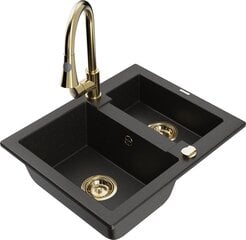 Granitinė virtuvinė plautuvė Mexen Carlos su maišytuvu ir sifonu, Metallic black/Gold kaina ir informacija | Virtuvinės plautuvės | pigu.lt