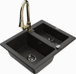 Granitinė virtuvinė plautuvė Mexen Carlos su maišytuvu ir sifonu, Metallic black/gold+Gold kaina ir informacija | Virtuvinės plautuvės | pigu.lt