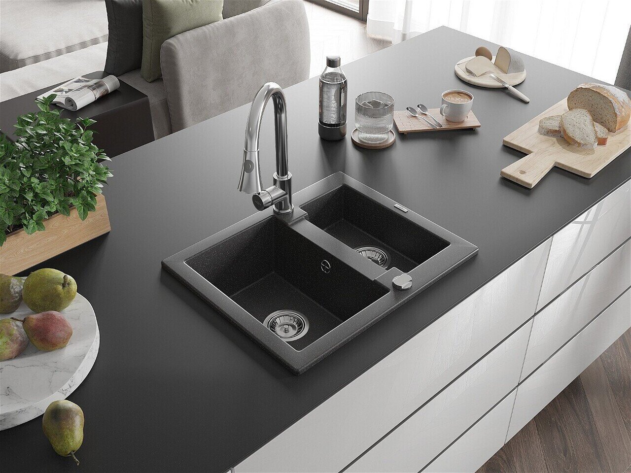 Granitinė virtuvinė plautuvė Mexen Carlos su maišytuvu ir sifonu, Black granite+Chrome цена и информация | Virtuvinės plautuvės | pigu.lt