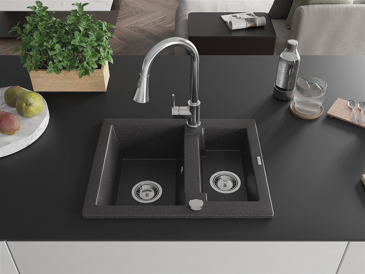 Granitinė virtuvinė plautuvė Mexen Carlos su maišytuvu ir sifonu, Black granite+Chrome цена и информация | Virtuvinės plautuvės | pigu.lt