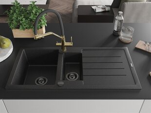 Granitinė virtuvinė plautuvė Mexen Andres su maišytuvu ir sifonu, Metallic black/silver/black/gold kaina ir informacija | Virtuvinės plautuvės | pigu.lt