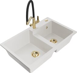 Granitinė virtuvinė plautuvė Mexen Tomas su maišytuvu ir sifonu, White/Black/Gold kaina ir informacija | Virtuvinės plautuvės | pigu.lt