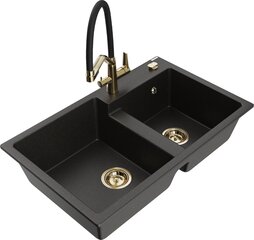 Granitinė virtuvinė plautuvė Mexen Tomas su maišytuvu ir sifonu, Metallic black/gold/Black/Gold kaina ir informacija | Virtuvinės plautuvės | pigu.lt