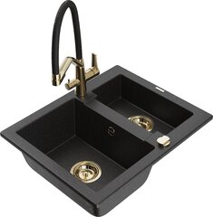 Granitinė virtuvinė plautuvė Mexen Carlos su maišytuvu ir sifonu, Metallic black/Silver/Black/Gold kaina ir informacija | Virtuvinės plautuvės | pigu.lt