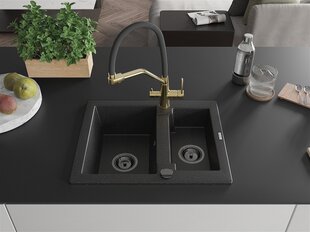 Granitinė virtuvinė plautuvė Mexen Carlos su maišytuvu ir sifonu, Metallic black/Silver/Black/Gold kaina ir informacija | Virtuvinės plautuvės | pigu.lt