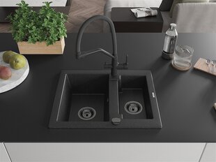 Granitinė virtuvinė plautuvė Mexen Carlos su maišytuvu ir sifonu, Metallic black/silver+Black kaina ir informacija | Virtuvinės plautuvės | pigu.lt