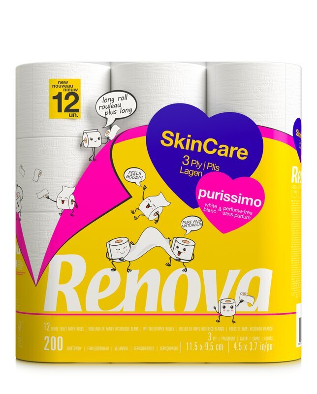 Tualetinis popierius Renova Skin Care Purissimo, 12 rulonų kaina ir informacija | Tualetinis popierius, popieriniai rankšluosčiai | pigu.lt