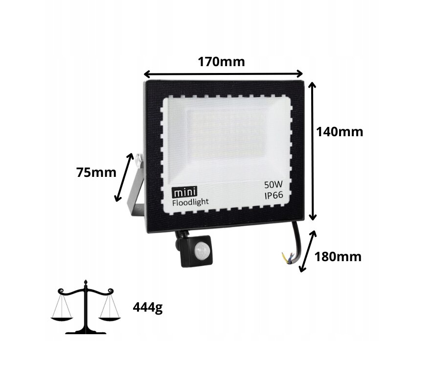 LAUKO ŠVIESTUVAS HALOGEN LED 50W SLIM FLOODLIGHT SU JUDĖJIMO JUTIKLIU цена и информация | Lauko šviestuvai | pigu.lt