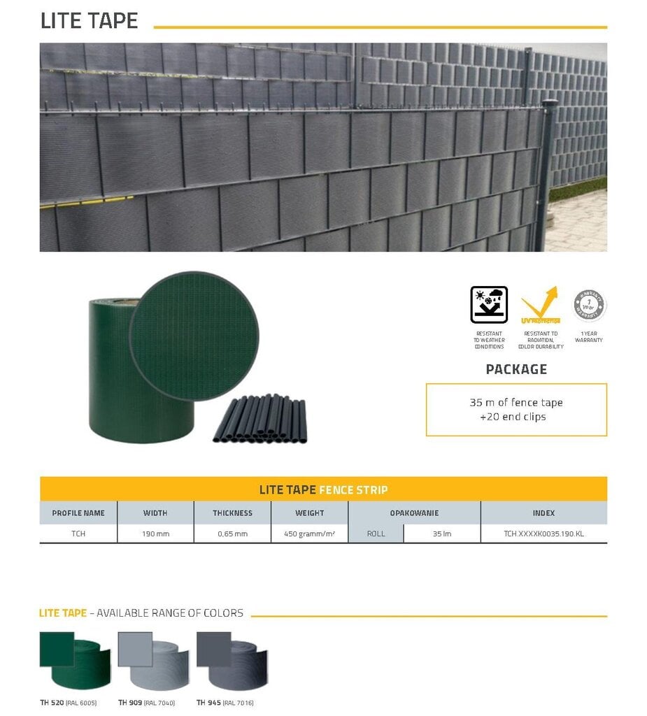 Thermoplast tvoros juosta lite 19cmx35m, žalia, polipropilenas, 450 gr./m² kaina ir informacija | Tvoros ir jų priedai | pigu.lt