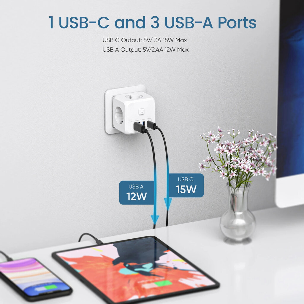 Elektros šakotuvas su USB ir USB C kaina ir informacija | Elektros jungikliai, rozetės | pigu.lt