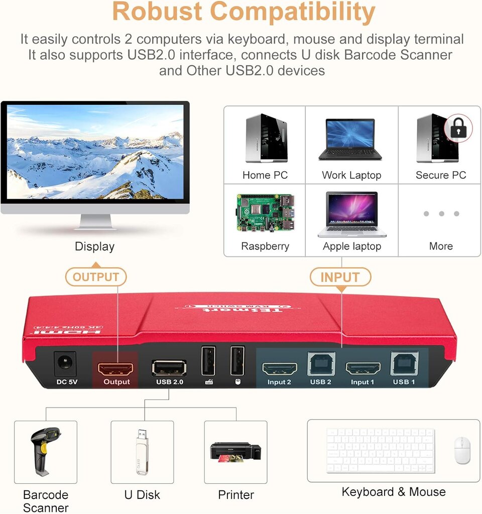 TESmart HDMI KVM jungiklis цена и информация | Maršrutizatoriai (routeriai) | pigu.lt