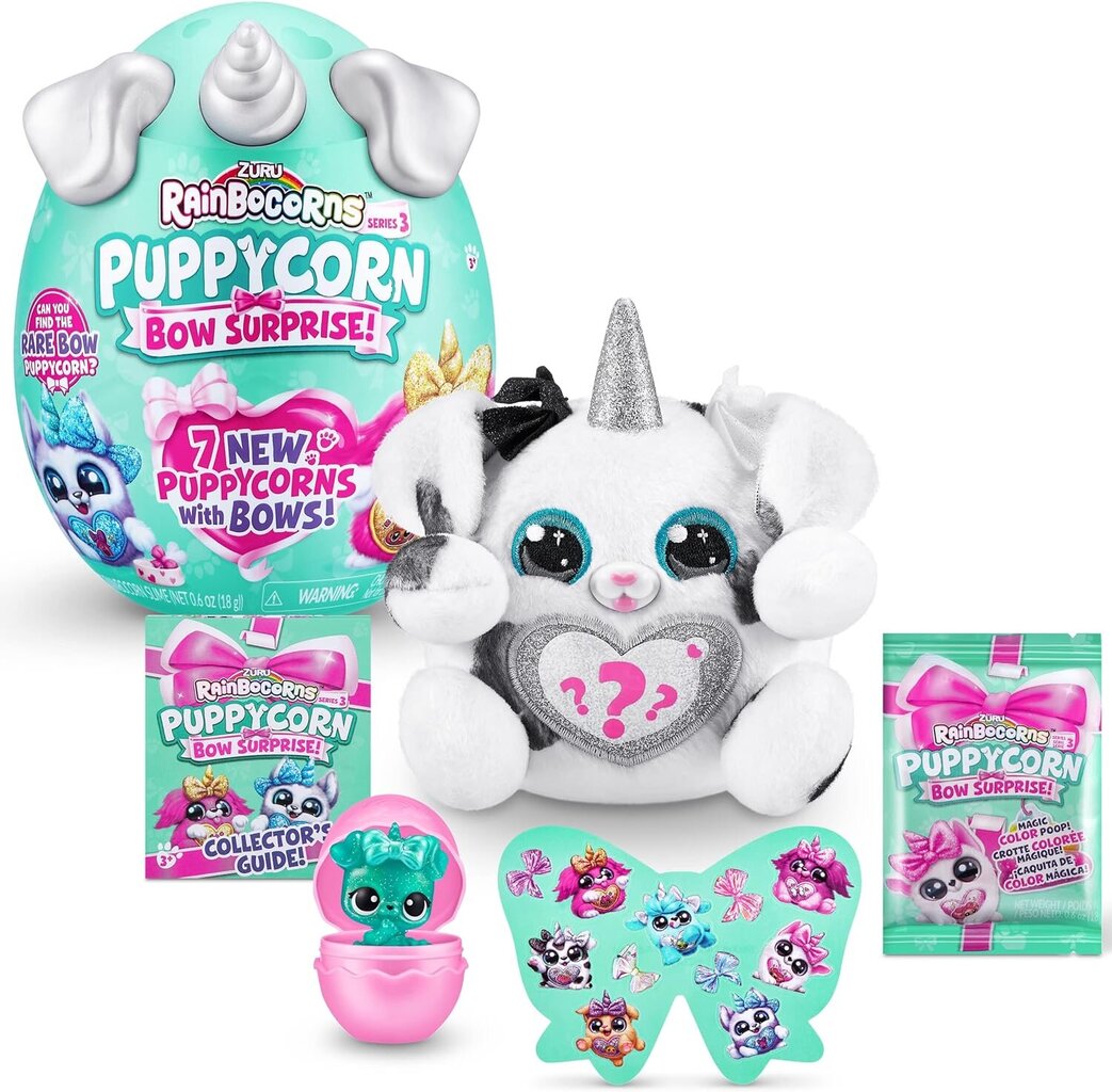 Pliušinis šuniukas Rainbocorns Puppycorn Bow Surprise Poodle 9269, juodas ir baltas цена и информация | Minkšti (pliušiniai) žaislai | pigu.lt