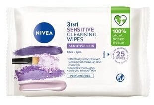 Veido valymo servetėlės jautriai odai Nivea 3in1 Sensitive Wipes, 25 vnt. цена и информация | Средства для очищения лица | pigu.lt