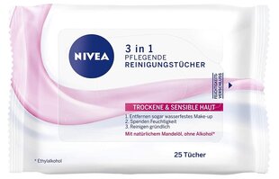 Veido valymo servetėlės jautriai odai Nivea 3in1, 25 vnt. kaina ir informacija | Veido prausikliai, valikliai | pigu.lt