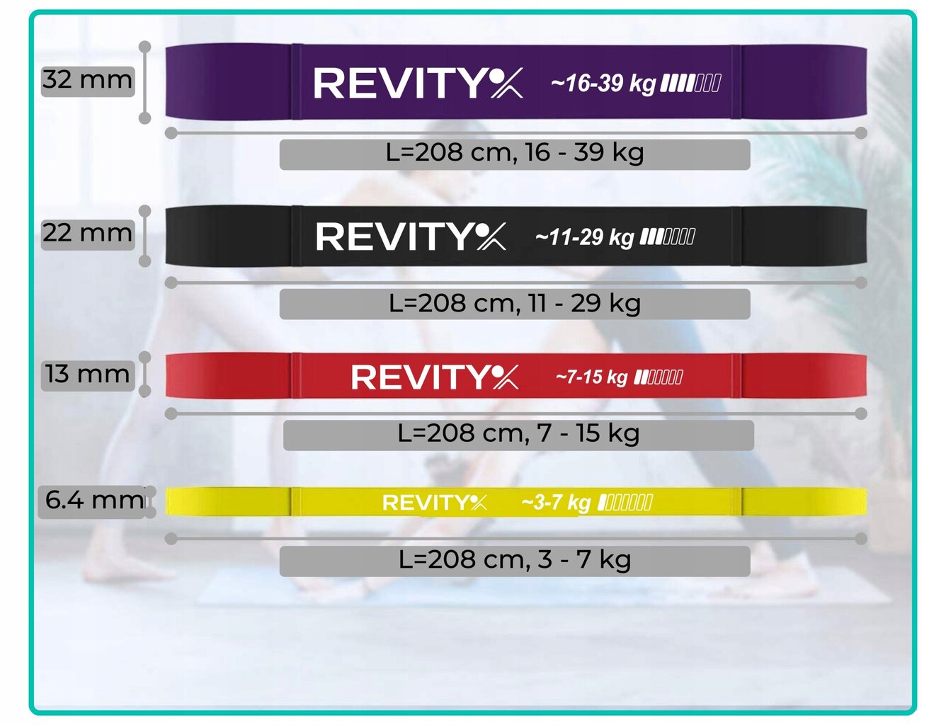 Pasipriešinimo gumų rinkinys treniruotėms Revity, 4 vnt, įvairių spalvų kaina ir informacija | Pasipriešinimo gumos, žiedai | pigu.lt