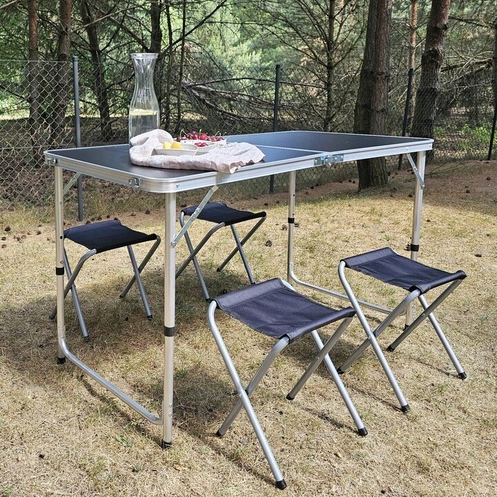 Sulankstomas turistinis stalas ir 4 kėdės Garden Party, juodas, 120-70 cm kaina ir informacija | Turistiniai baldai | pigu.lt