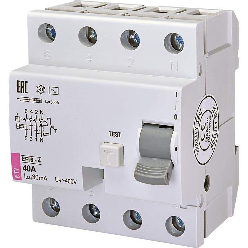 Likutinės srovės automatinis jungiklis EFI6-4 40A 30mA AC 4P ETI kaina ir informacija | Elektros jungikliai, rozetės | pigu.lt