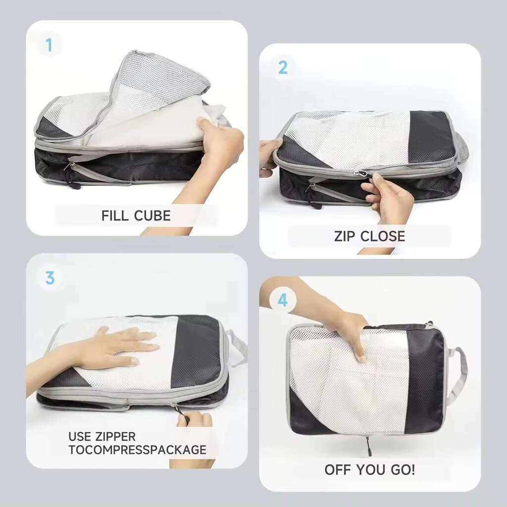 Kompresinis lagaminų krepšių dėklas Compression Packing Cubes, 4 dalių, juodas kaina ir informacija | Lagaminai, kelioniniai krepšiai | pigu.lt