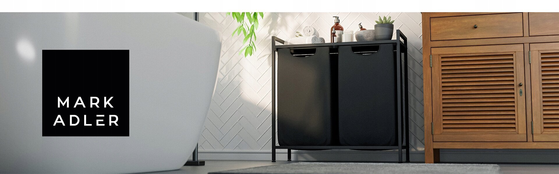 Stovas su 2-ių skalbinių rūšiavimo krepšiais Mark Adler, 73x73x33 cm, juoda kaina ir informacija | Vonios kambario aksesuarai | pigu.lt