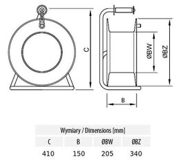 Удлинительный кабель на катушке 5x1,5 резиновый 16A/5 2x230V 40м цена и информация | Удлинители | pigu.lt