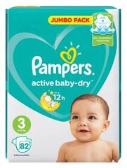 Pampers Active Baby Dry Подгузники 3 размер, 6-10кг, 82 шт. цена и информация | Подгузники | pigu.lt