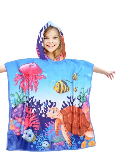 Vaikiškas paplūdimio rankšluostis- pončas su gobtuvu Akvariumas, 60x90 cm kaina ir informacija | Rankšluosčiai | pigu.lt