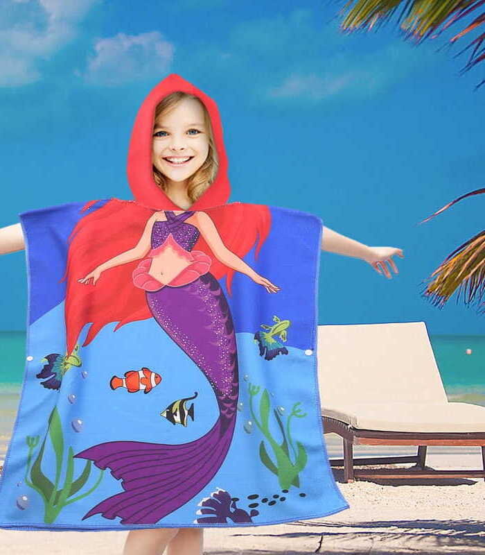 Vaikiškas paplūdimio rankšluostis- pončas su gobtuvu Undinėlė, 60x90 cm kaina ir informacija | Rankšluosčiai | pigu.lt