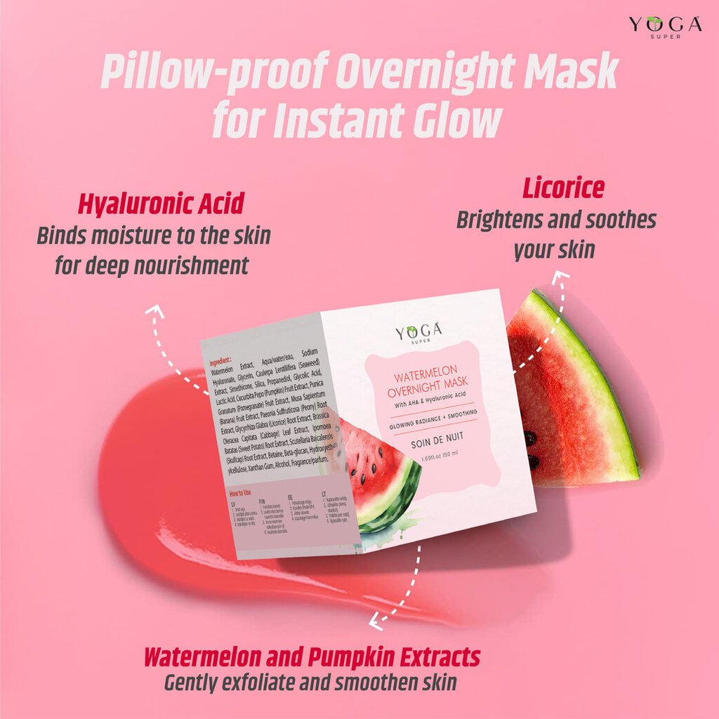 Naktinė veido kaukė Yoga super Watermelon glow AHA kaina ir informacija | Veido aliejai, serumai | pigu.lt