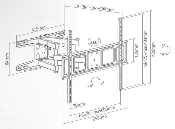 Superior Electronics Full Motion Extra Slim 37-70'' kaina ir informacija | Televizorių laikikliai, tvirtinimai | pigu.lt