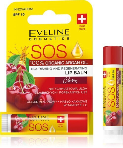 Lūpų balzamas Eveline Cosmetics SOS 100% organinis argano aliejus vyšnių, 4,5 ml kaina ir informacija | Lūpų dažai, blizgiai, balzamai, vazelinai | pigu.lt