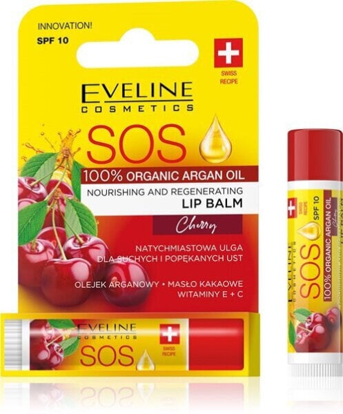 Lūpų balzamas Eveline Cosmetics SOS 100% organinis argano aliejus vyšnių, 4,5 ml kaina ir informacija | Lūpų dažai, blizgiai, balzamai, vazelinai | pigu.lt