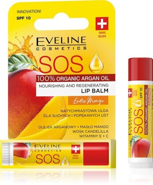Lūpų balzamas Eveline Cosmetics SOS 100% Organic Argan Oil Exotic Mango, 4,5 ml kaina ir informacija | Lūpų dažai, blizgiai, balzamai, vazelinai | pigu.lt