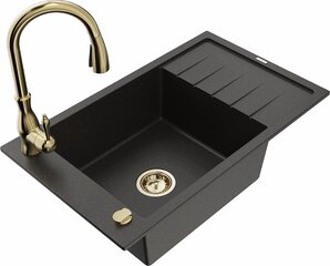 Granitinė virtuvinė plautuvė Mexen Elias su maišytuvu ir sifonu, Metallic black/gold+Gold цена и информация | Раковины на кухню | pigu.lt