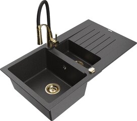 Granitinė virtuvinė plautuvė Mexen Matias su maišytuvu ir sifonu, Black granite/Black/Gold kaina ir informacija | Virtuvinės plautuvės | pigu.lt