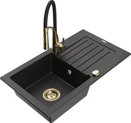 Granitinė virtuvinė plautuvė Mexen Pablo su maišytuvu ir sifonu, Metallic black/Gold/Black kaina ir informacija | Virtuvinės plautuvės | pigu.lt