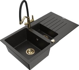 Granitinė virtuvinė plautuvė Mexen Matias su maišytuvu ir sifonu, Metallic black/Black/Gold kaina ir informacija | Virtuvinės plautuvės | pigu.lt