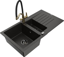 Granitinė virtuvinė plautuvė Mexen Matias su maišytuvu ir sifonu, Metallic black/Black/Gold kaina ir informacija | Virtuvinės plautuvės | pigu.lt