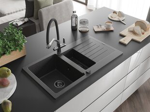 Granitinė virtuvinė plautuvė Mexen Matias su maišytuvu ir sifonu, Black granite/Black/Chrome kaina ir informacija | Virtuvinės plautuvės | pigu.lt