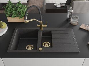 Granitinė virtuvinė plautuvė Mexen Matias su maišytuvu ir sifonu, Black granite/Black/Gold kaina ir informacija | Virtuvinės plautuvės | pigu.lt