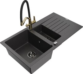 Granitinė virtuvinė plautuvė Mexen Matias su maišytuvu ir sifonu, Black granite/Black/Gold kaina ir informacija | Virtuvinės plautuvės | pigu.lt