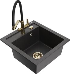 Granitinė virtuvinė plautuvė Mexen Vito su maišytuvu ir sifonu, Black granite/Black/Gold kaina ir informacija | Virtuvinės plautuvės | pigu.lt