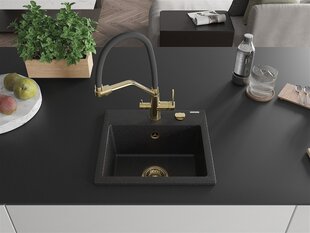 Granitinė virtuvinė plautuvė Mexen Milo su maišytuvu ir sifonu, Metallic black/Silver/Black/Gold kaina ir informacija | Virtuvinės plautuvės | pigu.lt