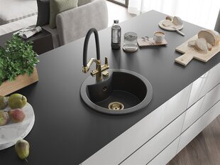 Granitinė virtuvinė plautuvė Mexen Diego su maišytuvu ir sifonu, Black granite/Black/Gold kaina ir informacija | Virtuvinės plautuvės | pigu.lt