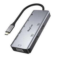 Hub 9in1 RayCue USB-C to 2x USB-A 3.0 5Gbps + 2x SD|TF 3.0 + 2x HDMI 4K30Hz + VGA 1080p + jack 3.5mm + PD 3.0 100W (gray) цена и информация | Адаптеры, USB-разветвители | pigu.lt