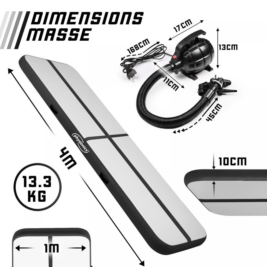 Pripučiamas mankštos kilimėlis, 400x100x10 cm, juodas kaina ir informacija | Kilimėliai sportui | pigu.lt