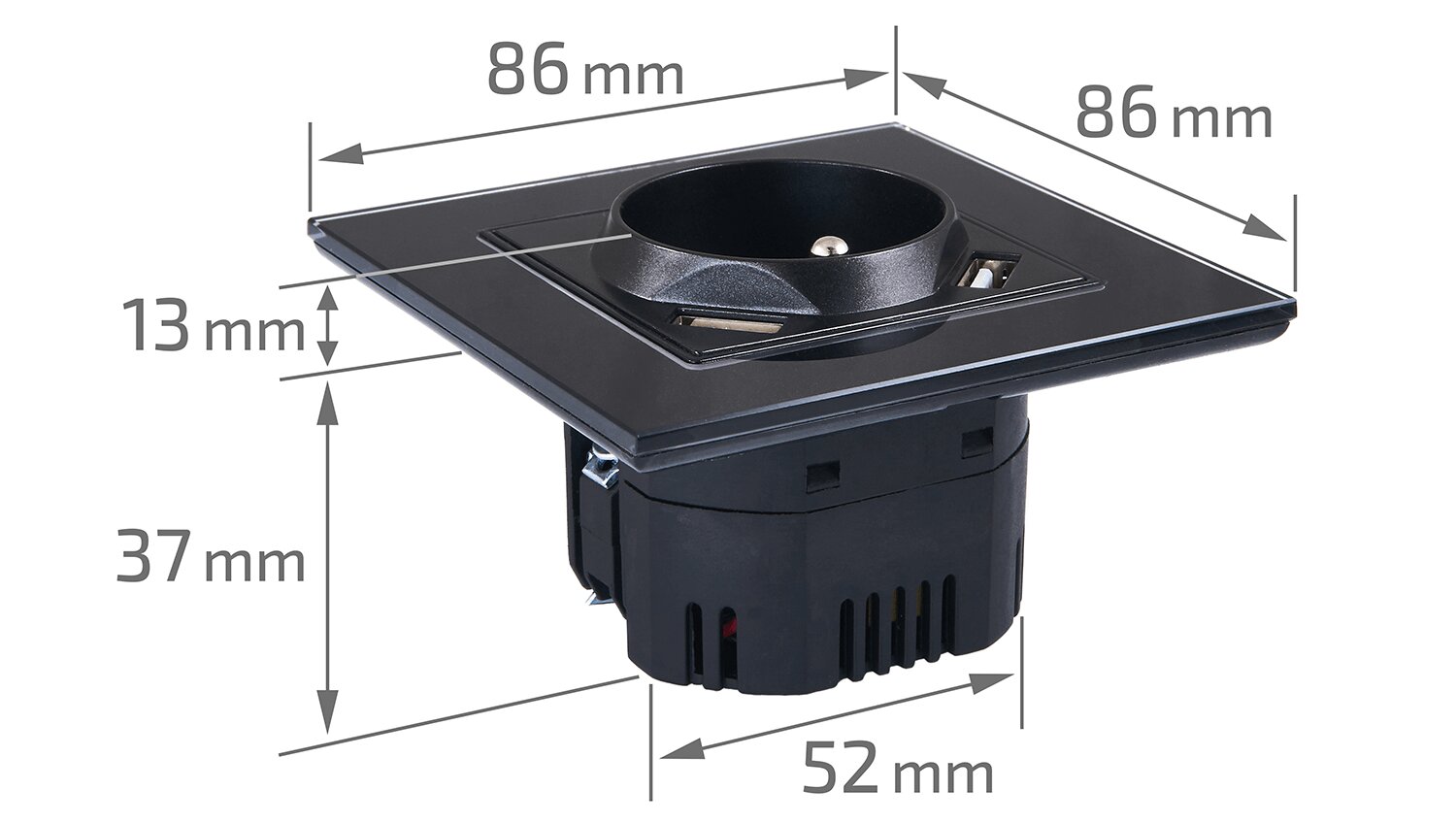 Rinkinys: 1x Bianka 230V 16A 2x USB įžemintas elektros lizdas + stiklo rėmelis - juodas kaina ir informacija | Elektros jungikliai, rozetės | pigu.lt