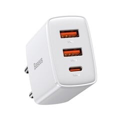 Компактное быстрое зарядное устройство, Baseus, 2x USB-C, 30 Вт, 3A PD QC, белый цена и информация | Зарядные устройства для телефонов | pigu.lt