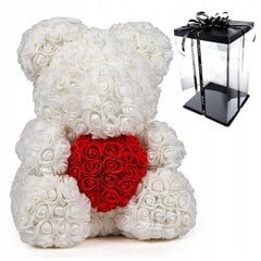 Плюшевый мишка с кремовой розой и красным сердцем - 40 см + подарочная коробка с лентой цена и информация | Другие оригинальные подарки | pigu.lt