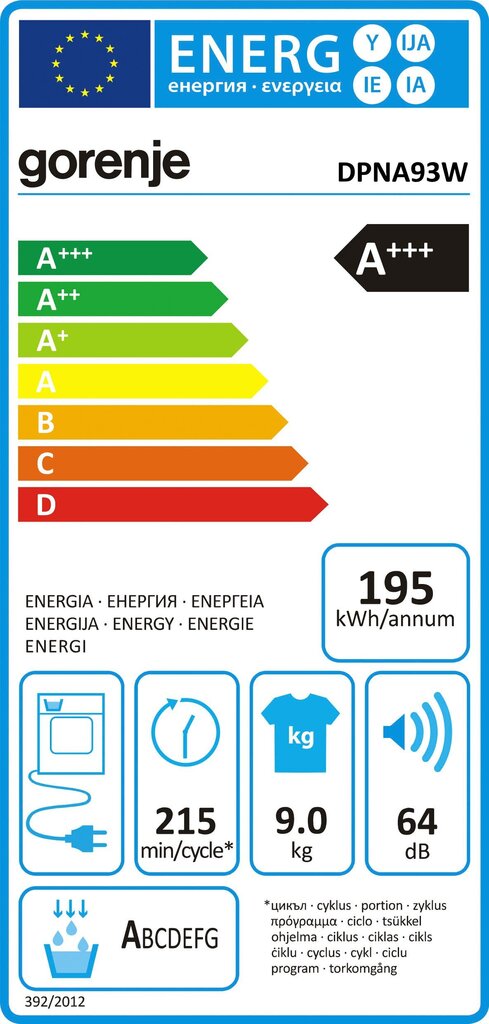 Gorenje DPNA93W kaina ir informacija | Džiovyklės | pigu.lt